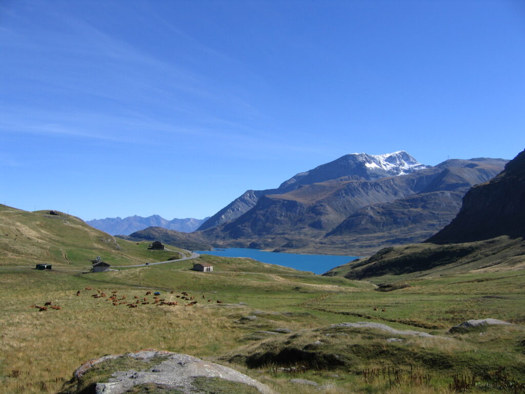 Paysage de montagne avec des près verts qui accueil un troupeau de vache que l'on aperçoit au loin. Quelques chalets entourent un lac au pied d'une montagne avec le sommet enneigé.  - Agrandir l'image, fenêtre modale